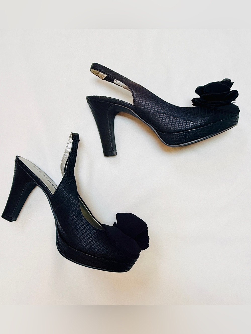 Black Slingback Platform Heels with Rosette Embellishment Wide - 7W